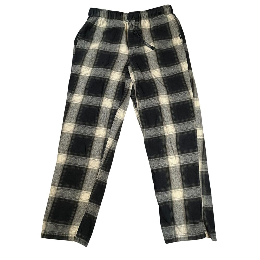 Eddie Bauer Lounge Pants Mens Small Plaid Flannel Black Gray Elastic Waist